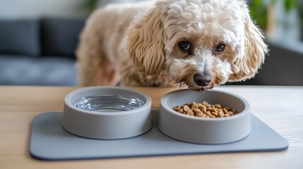 Puddle dog eating dog food at a feeding station with clean water, bowls, pet food