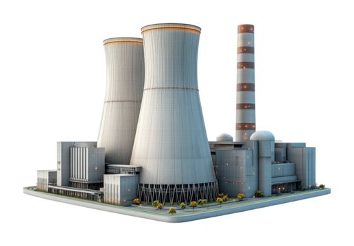 Nuclear power plant on industrial structure high fidelity clean energy concept isolated on transparent background png