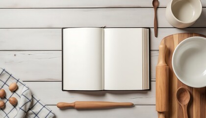 Blank Cookbook Mockup with Rustic Kitchen Utensils and Ingredients on White Wooden Table