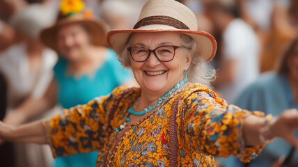 joyful elderly woman in colorful floral dress and hat, smiling at music festival surrounded by happy people. Her vibrant energy adds to festive atmosphere