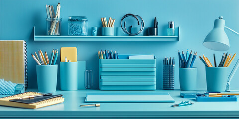 vibrant blue desktop setup featuring stationery, decor, and organizational tools. scene is filled with various writing instruments, notebooks, and decorative items, creating cheerful workspace
