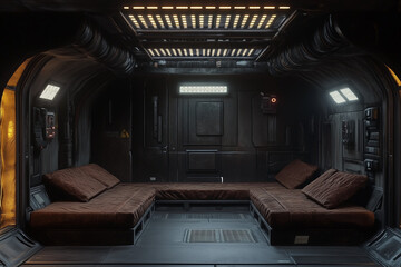 Futuristic sci fi apartment design of the future concept background.