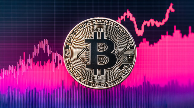 Bitcoin Volatility:  A close-up of a gleaming bitcoin coin against a backdrop of a dynamic, fluctuating graph, symbolizing the unpredictable nature of cryptocurrency markets.   - Powered by Adobe