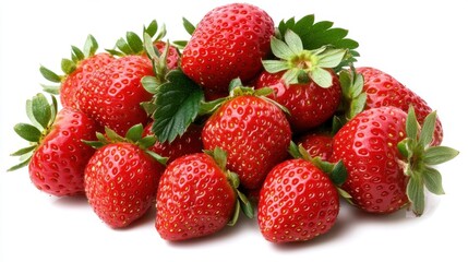 A bunch of fresh strawberries with vibrant red color and green leaves, isolated on a white background