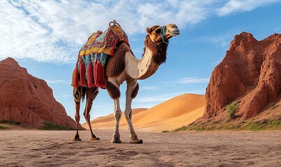 Decorated camel stands in desert landscape with dunes and rock formations under blue sky.