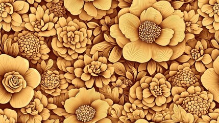 Golden Floral Background Intricate Carved Flowers and Leaves Design