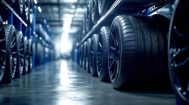 Neatly arranged car tires on metal rack in dimly lit workshop with blue pillars, focus on black and silver colors