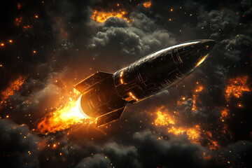 Fototapeta premium Flying rocket on a background of a planet background.
