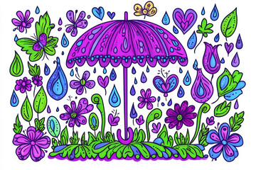 Obraz premium whimsical scene featuring large open umbrella surrounded by colorful flowers and raindrops