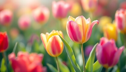 Vibrant Spring Tulips in a Sunlit Meadow: A Colorful Burst of Nature's Beauty