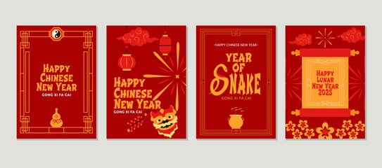 A set of Chinese new year design for greeting card  cover  poster  banner template design set red and gold color simple vector illustration Asian elements