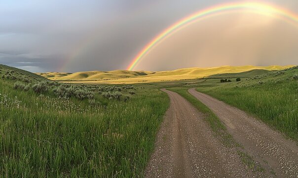 Double rainbow over a gravel road in a grassy field with rolling hills.