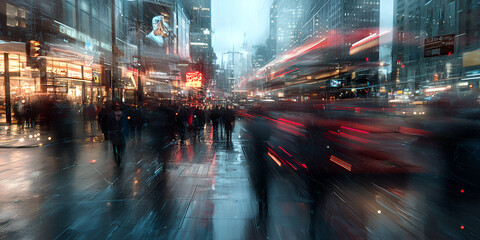 Urban Blur: A mesmerizing cityscape captured in motion blur as rain falls, creating a surreal atmosphere on a bustling city street with crowds and flashing lights.