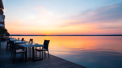 romantic sunset dinner lakeside restaurant - golden hour photography