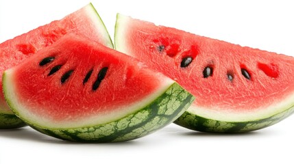 A close-up of a cut watermelon, revealing its juicy red flesh and black seeds, isolated on a white background