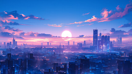 Obraz premium 日本のアニメ風景をオマージュしたイラスト。夜の空と月の夜景、都会のビル群と自然が調和した絵。仕事や散歩をしている時に見る景色。引き込まれる美しさ。