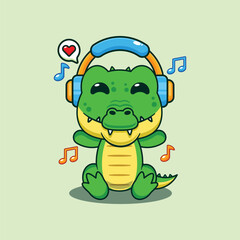 Crocodile listening music with headphone cartoon vector illustration