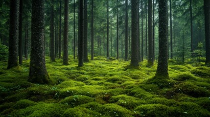 Fototapeta premium A lush forest scene featuring tall trees surrounded by vibrant green moss, creating a tranquil and serene atmosphere