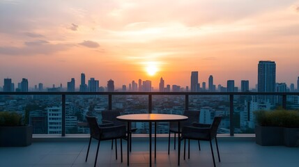 rooftop sunset cityscape with table & chairs - urban landscapes