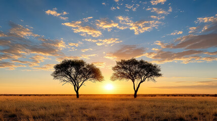 serene sunset over vast landscape with two silhouetted trees