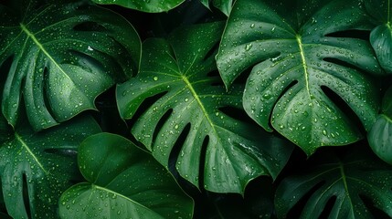 Fototapeta premium Lush green leaves with water droplets, creating a fresh and vibrant natural scene