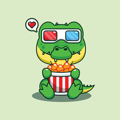 Crocodile eating popcorn and watch 3d movie cartoon vector illustration