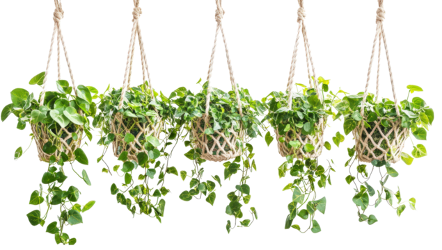 Hanging Plants in Macrame Pots: Lush greenery cascades from charming macrame hanging planters, adding a touch of bohemian chic to any indoor space.