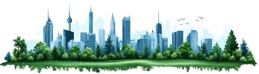 Fototapeta premium Birds soaring above a city skyline, picturesque view of nature's integration with urban life