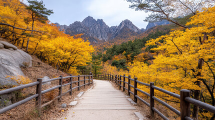 Fototapeta premium scenic pathway through vibrant autumn foliage and mountains