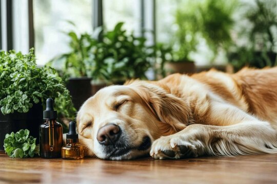 Peaceful and Relaxed Golden Retriever Resting by Window with Dropper Bottle and Plants in Background