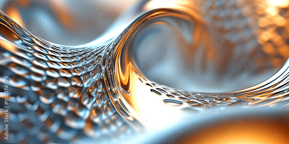Poster metallic flow: abstract 3d rendering of a swirling, metallic surface with intricate textures and a c