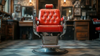 A classic red barber chair in a vintage barbershop, surrounded by wooden decor and mirrors, creating a nostalgic atmosphere for haircuts.