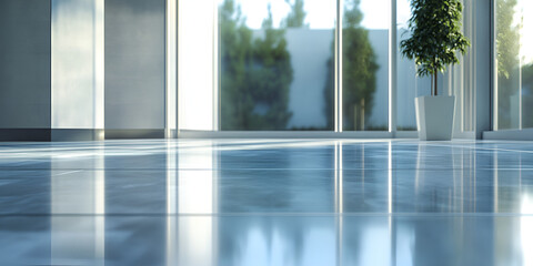 Naklejka premium Modern Polished Floor: Gleaming, polished floor reflecting light and surrounding modern architecture. A sense of spaciousness, cleanliness, and contemporary design.