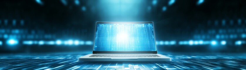 Blueilluminated laptop, a modern workspace for enhanced productivity and focus 