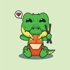 Crocodile eating noodle cartoon vector illustration