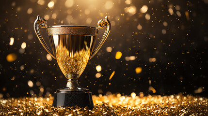 Trophy with golden sparkles on black. Perfect for celebration and victory moments