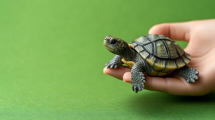Small turtle in child's hand against green background.