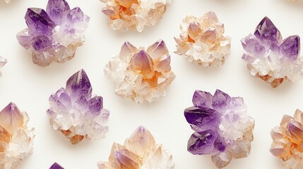 Amethyst and Citrine Crystal Clusters Vibrant Purple and Orange Gemstones on White Background