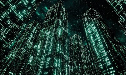 Futuristic cityscape with digital code on buildings at night.