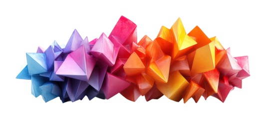Vibrant central asymmetrical polygon cluster in abstract digital colorful environment creative viewpoint isolated on transparent background png