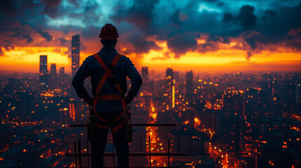 A powerful silhouette of a construction worker on a scaffold, watching the cityscape being built, symbolizing the worker's contribution to urban development.