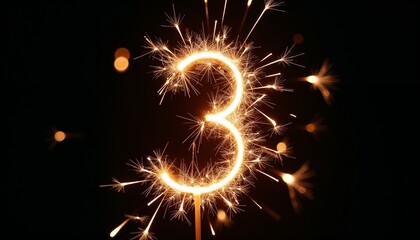 Macro shot of sparkler forming number '3' with glowing embers and light trails against dark background