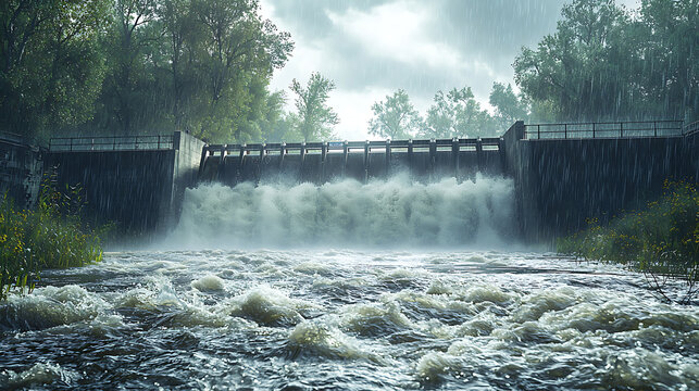 Flood control structures with water gates in action during heavy rain