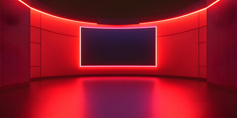 Red Neon Room Mockup: A modern, minimalist room bathed in vibrant red neon light, featuring a blank screen ideal for product placement or digital art display.  The sleek.