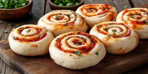 Rustic wooden cutting board with freshly baked golden pinwheels, swirl pattern, red sauce, parsley garnish, chopped green herbs on dark table