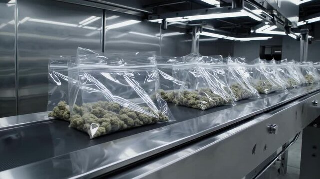Plastic Bags Of Weed On Conveyor Belt In Processing Facility, CBD Production Video 4K