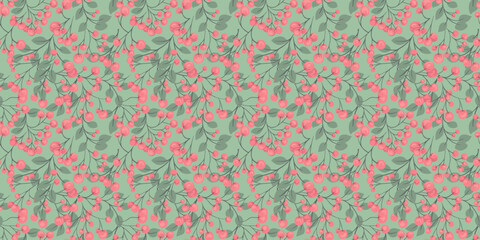 Seamless pattern botanical illustration on a green, mint background. Abstract artistic berries on a branches leaves ornament. Stylized juniper, boxwood, viburnum, dogwood barberry print.