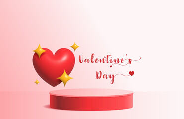 3D valentine day background, Mockup podium with floating red balloon heart shape and star. Vector geometric platform
