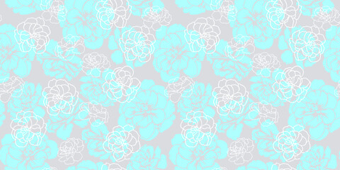 Blue abstract shapes buttercups, pansies flowers seamless pattern. Creative contour silhouettes, lines, outlined floral print. Vector hand drawn. Unique nature ornament for designs