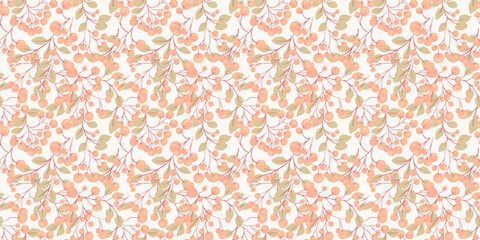 Fototapeta premium Pastel botanical illustration seamless pattern on a light background. Abstract artistic berries on a branches leaves ornament. Stylized juniper, boxwood, viburnum, dogwood barberry print.